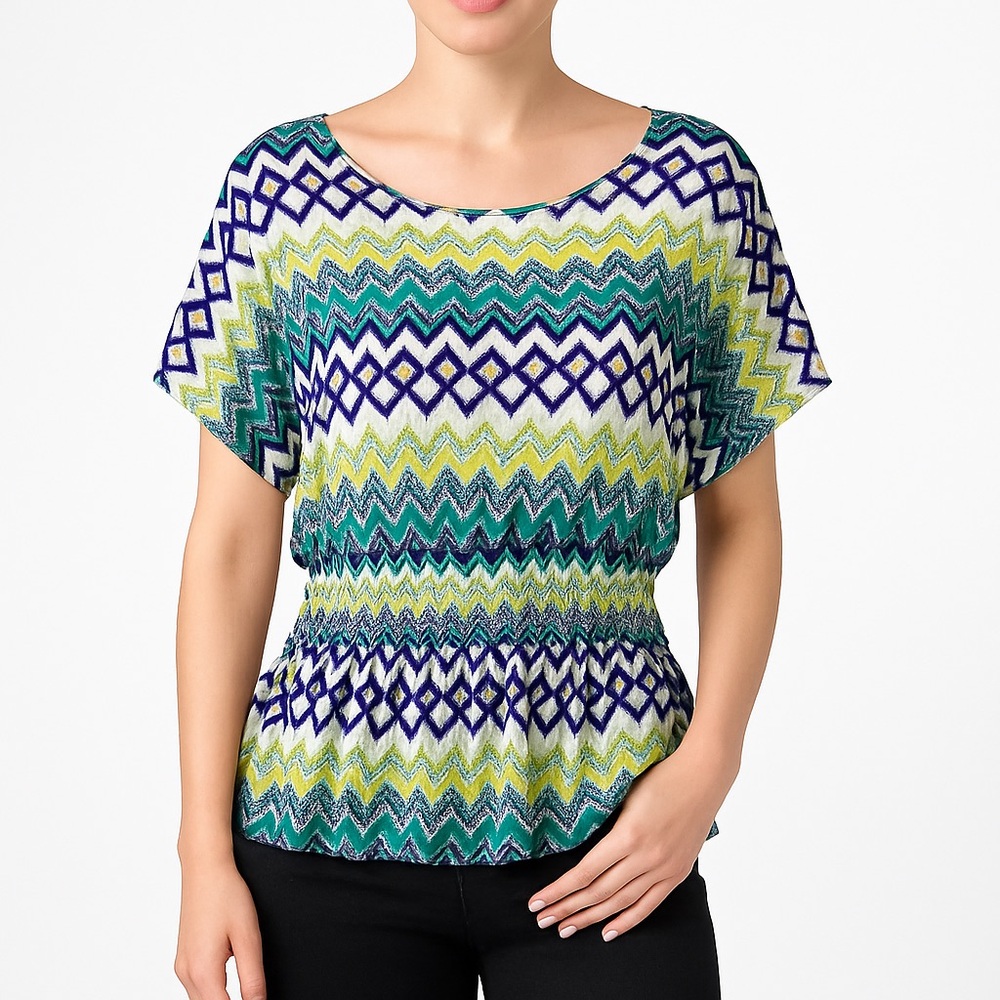 In The Mix Blue Green Aztec Chevron Smocked Peplum Blouse M